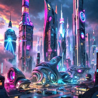 The primary subject of the image is a futuristic cityscape with a variety of buildings, including skyscrapers and other architectural structures. The setting is a city at night, with the buildings illuminated by neon lights. The visual style is a digital art or illustration, creating a vibrant and colorful atmosphere. The colors and mood of the image are predominantly pink and purple, giving the scene a unique and captivating appearance.